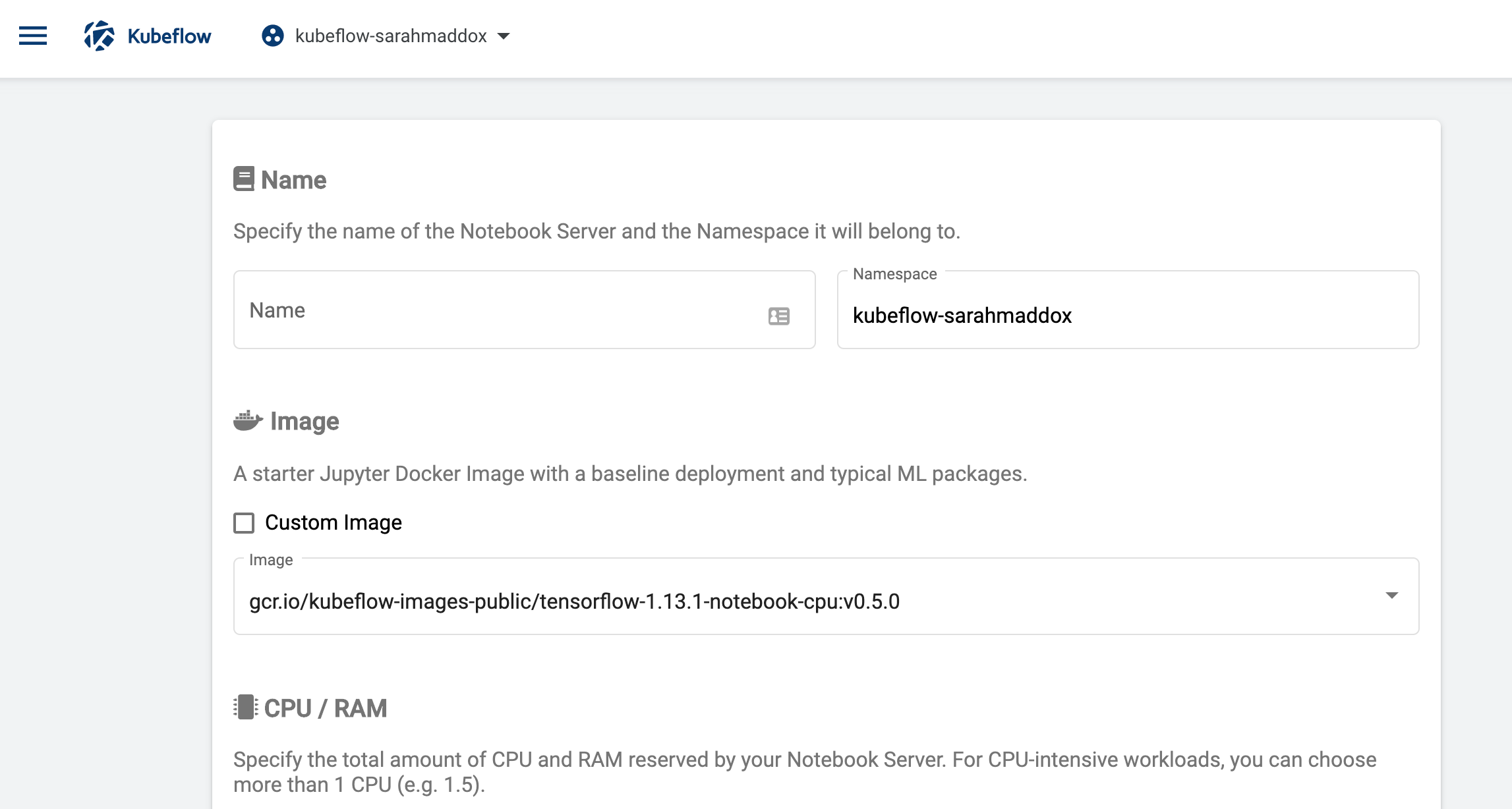 Form for adding a Kubeflow notebook server